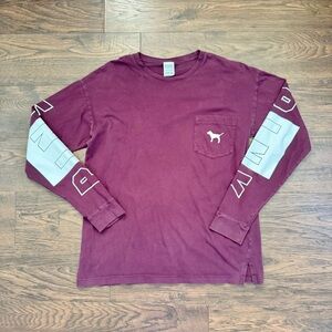 Victoria’s Secret PINK Longsleeve Pocket Crew Neck Purple Logo T Shirt Size S